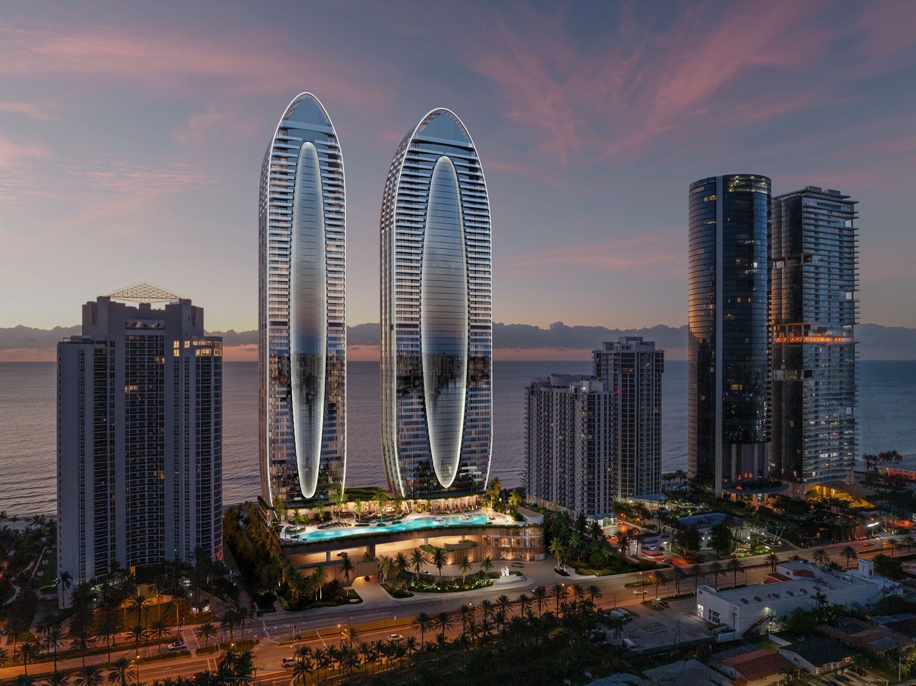 The St. Regis Residences, Sunny Isles Beach, at dusk